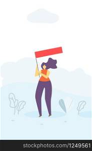 Cartoon Agitating Pretty Woman Character with Red Flag Outdoors Motivational Feminist Vindication of Womens Rights Gender Equality, Girl Power Concept Flat Banner in Floral Vector Style Illustration. Agitating Woman with Flag Motivation Flat Banner