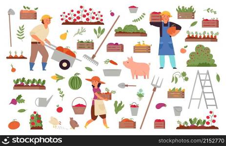 Cartoon agricultural and harvesting. Farmer crops, rustic agriculture family. People working on field, farm harvest tools vector set. Illustration gardener worker, organic farming and harvesting. Cartoon agricultural and harvesting. Farmer crops, rustic agriculture family. People working on field, isolated farm harvest tools decent vector set