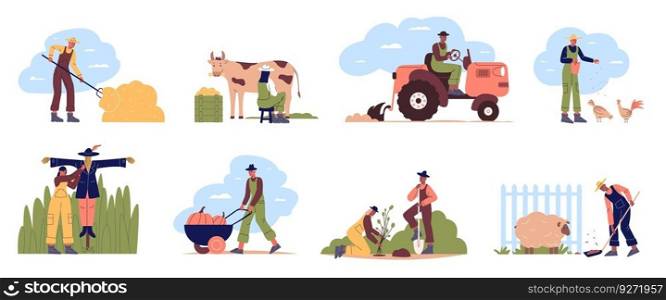 Cartoon agricultural workers. Men or women taking care of plants and livestock. Agriculture harvest. People feeding domestic birds and milking cow. Gardeners in uniform. Farmers characters vector set. Cartoon agricultural workers. Men or women taking care of plants and livestock. Agriculture harvest. People feeding domestic birds. Gardeners in uniform. Farmers characters vector set