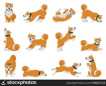 Cartoon akita dog daily routine, puppy pet walking, sleeping and howling. Domestic pet tricks, cute akita animal actions vector illustration set. Adorable akita breed dog. Akita breed puppy cute. Cartoon akita dog daily routine, puppy pet walking, sleeping and howling. Domestic pet tricks, cute akita animal actions vector illustration set. Adorable akita breed dog