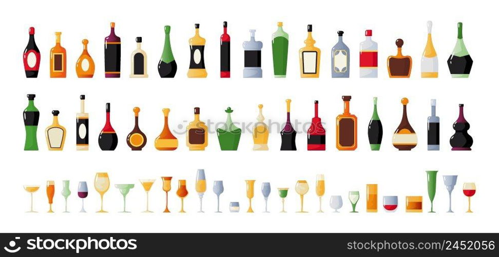 Cartoon alcohol bottles. Whiskey or wine drink. Vermouth and liquor in glasses. Bar collection. Rum or cognac packages. Stemware shapes. Cocktail goblets or vodka shorts. Vector isolated beverages set. Cartoon alcohol bottles. Whiskey or wine drink. Vermouth and liquor in glasses. Bar collection. Cognac packages. Stemware shapes. Cocktail goblets or vodka shorts. Vector beverages set