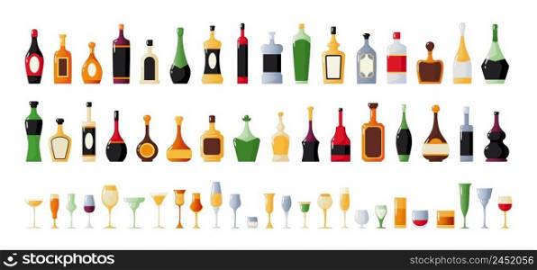 Cartoon alcohol bottles. Whiskey or wine drink. Vermouth and liquor in glasses. Bar collection. Rum or cognac packages. Stemware shapes. Cocktail goblets or vodka shorts. Vector isolated beverages set. Cartoon alcohol bottles. Whiskey or wine drink. Vermouth and liquor in glasses. Bar collection. Cognac packages. Stemware shapes. Cocktail goblets or vodka shorts. Vector beverages set