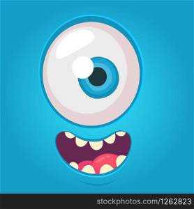 Cartoon alien face. Vector Halloween blue monster with one eye