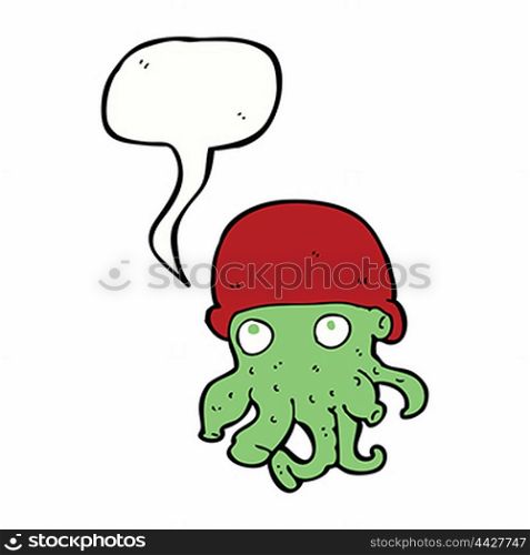 cartoon alien head wearing hat with speech bubble