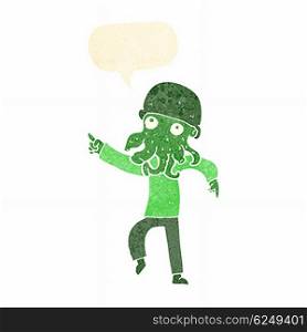cartoon alien man dancing with speech bubble