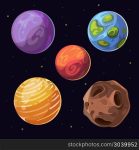 Cartoon alien planets, moons asteroid on space background. Cartoon alien planets, moons asteroid on space background. Celestial bodies and colored planet. Vector illustration
