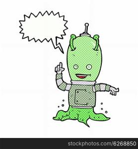 cartoon alien spaceman with speech bubble