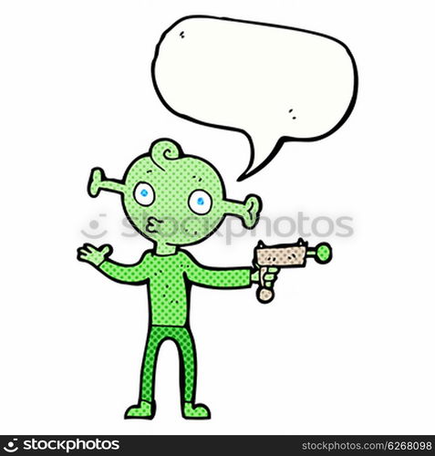 cartoon alien with ray gun with speech bubble