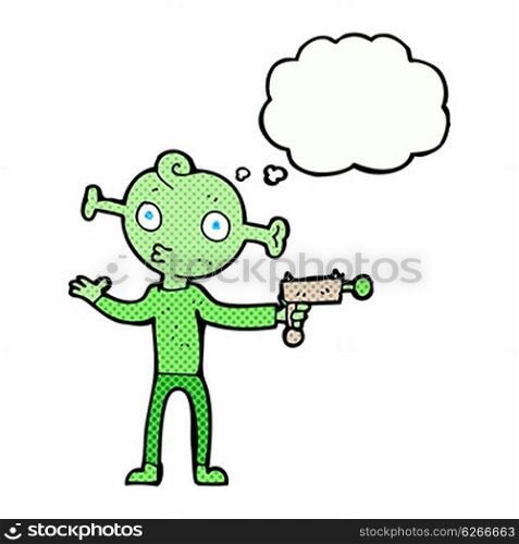 cartoon alien with ray gun with thought bubble