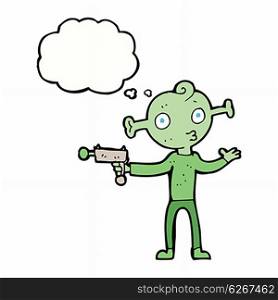 cartoon alien with ray gun with thought bubble