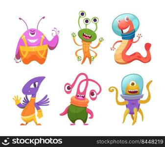 Cartoon aliens. Space monsters freak mysterious funny future comics aliens crazy faces exact vector flat characters in cartoon style. Illustration of alien cartoon, cute funny monster. Cartoon aliens. Space monsters freak mysterious funny future comics aliens crazy faces exact vector flat characters in cartoon style