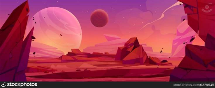 Cartoon alient planet surface with red stones. Vector illustration of rocky landscape, moon, stars and satellites in night sky, uninhabited space territory with crack. Cosmic adventure game background. Cartoon alient planet surface with crack stones