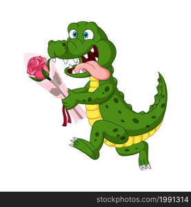 Cartoon alligator holding pink flowers