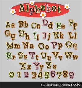 Cartoon alphabet in childish style. Colorful letters and numbers. Vector illustration.