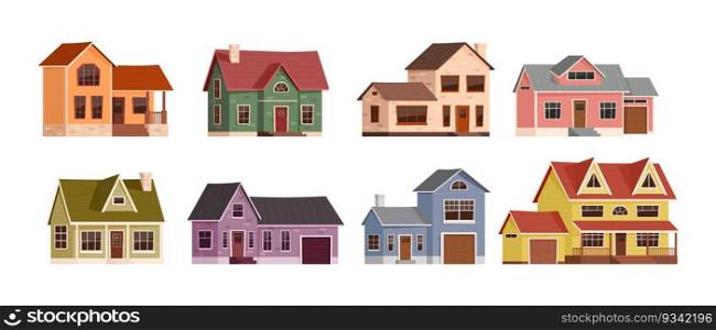 Cartoon American suburban houses. Home exterior, suburbs neighborhood buildings and real estate vector illustration set. Contemporary one and two-story rural properties, urban residence facade. Cartoon American suburban houses. Home exterior, suburbs neighborhood buildings and real estate vector illustration set