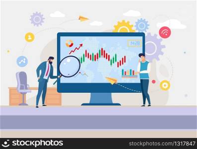 Cartoon Analytics Team Analyzing Stock Market Illustration. Vector World Map with Candlestick Graphs on Huge Computer Screen. Global Business. Forex Trade and Investment. Financial Analysis Workflow. Business Analytics Team Analyzing Stock Market