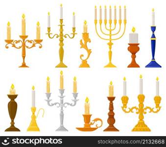 Cartoon ancient candlesticks, wax candle vintage holders. Medieval candelabra and retro candlestick vector illustration set. Candle holders interior decorations. Candlestick and candlelight. Cartoon ancient candlesticks, wax candle vintage holders. Medieval candelabra and retro candlestick vector illustration set. Candle holders interior decorations