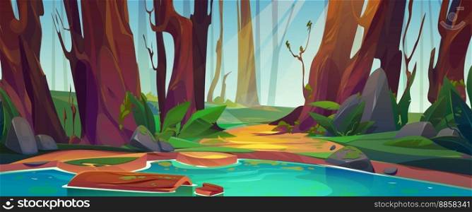 Cartoon ancient forest landscape with old tall trees, green grass and river. Vector illustration of sun rays penetrating wood thickets, clear blue water in lake. Natural background for game design. Cartoon tropical forest landscape, ancient trees
