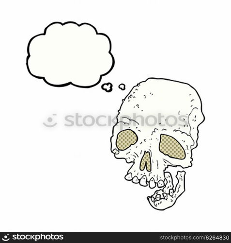 cartoon ancient spooky skull with thought bubble