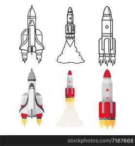 Cartoon and doodle line space rockets set vector illustration. Rocket spacecraft, ship and spaceship. Cartoon and doodle line space rockets set vector illustration