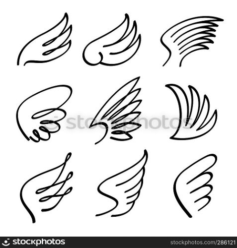 Cartoon angel wings vector set. Sketch doodle winged abstract emblems isolated on white background. Wing bird cartoon black illustration. Cartoon angel wings vector set. Sketch doodle winged abstract emblems isolated on white background