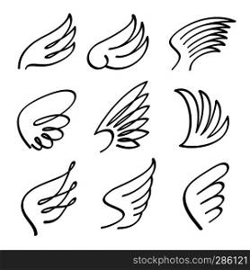 Cartoon angel wings vector set. Sketch doodle winged abstract emblems isolated on white background. Wing bird cartoon black illustration. Cartoon angel wings vector set. Sketch doodle winged abstract emblems isolated on white background