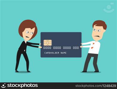 Cartoon angry businessman and businesswoman are fighting over plastic bank card for annual bonus or budget. Business struggle, conflict or challenge concept design
