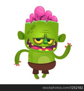 Cartoon angry cute zombie. Halloween vector illustration of happy monster