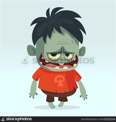 Cartoon angry cute zombie. Halloween vector illustration of happy zombie for children book illustrations