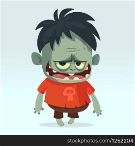 Cartoon angry cute zombie. Halloween vector illustration of happy zombie for children book illustrations
