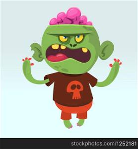 Cartoon angry cute zombie wearing t-shirt with a skull. Halloween vector illustration of happy monster