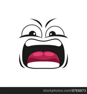 Cartoon angry face vector yelling emoji with mad eyes and yell mouth. Aggressive comic face with furrowed brows, furious facial expression isolated on white background. Cartoon angry face vector furious yelling emoji