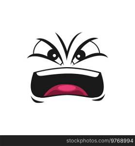 Cartoon angry face vector yelling emoji with mad eyes and yell mouth. Aggressive comic face with furrowed brows, furious boss ctying facial expression isolated on white background. Cartoon angry face vector furious yelling emoji