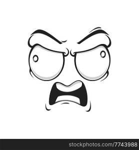 Cartoon angry face with mad eyes and yell mouth. Vector yelling emoji, furious boss facial expression, aggressive feelings, comic face with furrowed brows isolated on white background. Cartoon angry face vector furious yelling emoji