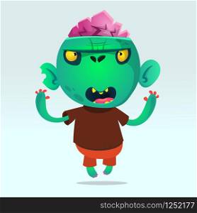 Cartoon angry green zombie. Halloween vector illustration of happy monster