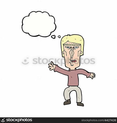 cartoon angry man waving warning with thought bubble