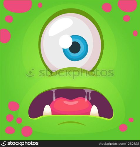 Cartoon angry monster face avatar. Vector Halloween green monster with one eye. Monster mask