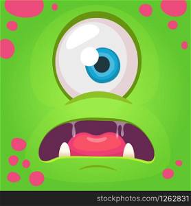 Cartoon angry monster face avatar. Vector Halloween green monster with one eye. Monster mask