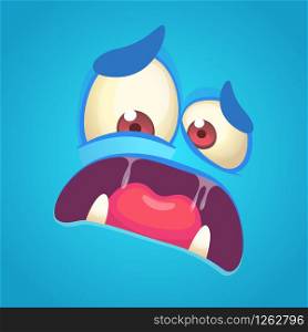 Cartoon angry monster face. Vector blue monster scared avatar