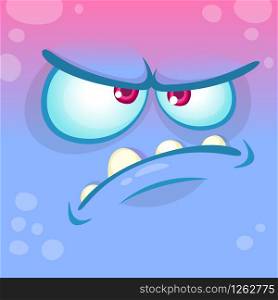 Cartoon angry monster face. Vector Halloween blue monster emotion avatar