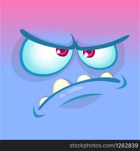 Cartoon angry monster face. Vector Halloween blue monster emotion square avatar