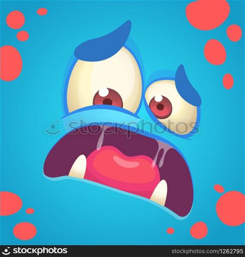 Cartoon angry monster face. Vector Halloween blue monster scared