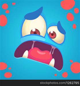 Cartoon angry monster face. Vector Halloween blue monster scared