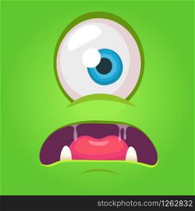 Cartoon angry monster face. Vector Halloween green monster with one eye. Monster mask