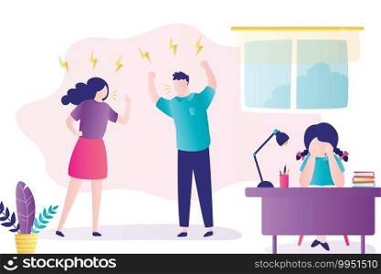 Cartoon angry parents quarrel, girl cries. Quarrel in family. Faceless characters of toxic parents screaming on each other, unhappy daughter crying. Toxic relationships, abuse and violence. Vector