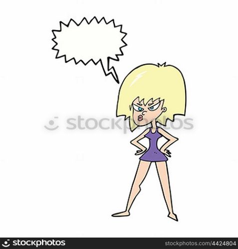 cartoon angry woman in dress with speech bubble