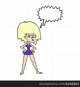 cartoon angry woman in dress with speech bubble