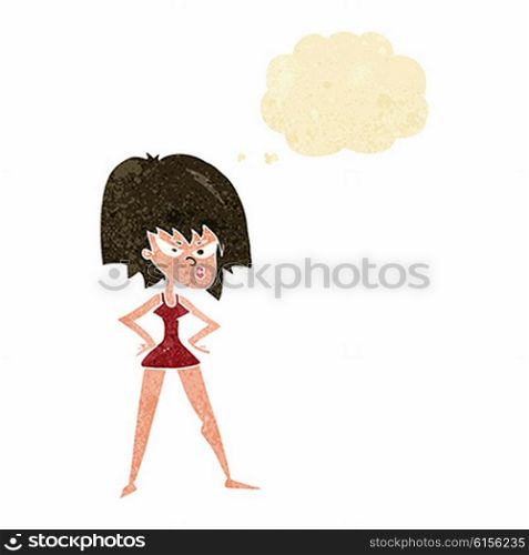cartoon angry woman in dress with thought bubble