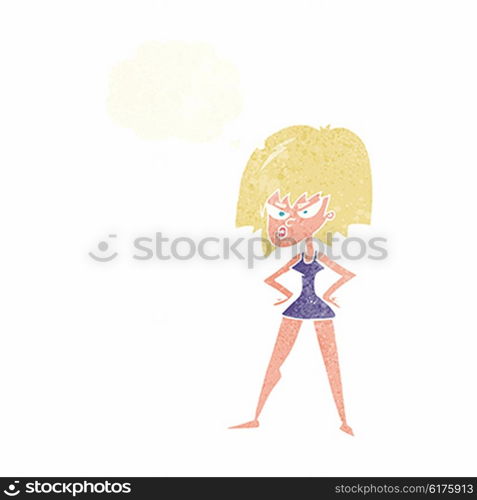 cartoon angry woman in dress with thought bubble