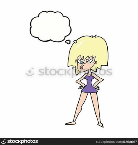 cartoon angry woman in dress with thought bubble